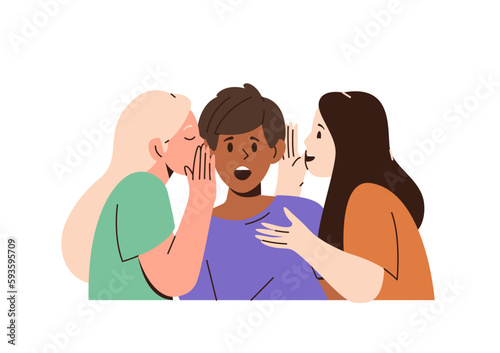Surprised boy listening friends whispering him secrets on ear isolated on white background
