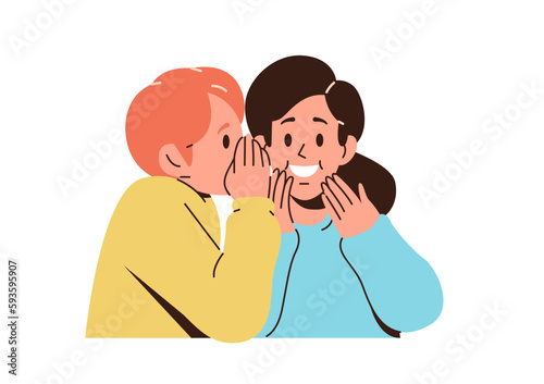 Cute funny children characters whispering spreading secrets portrait isolated on white background