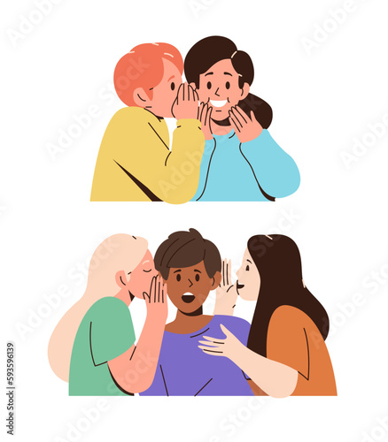 Set of children characters whispering secrets each other on ears isolated on white background