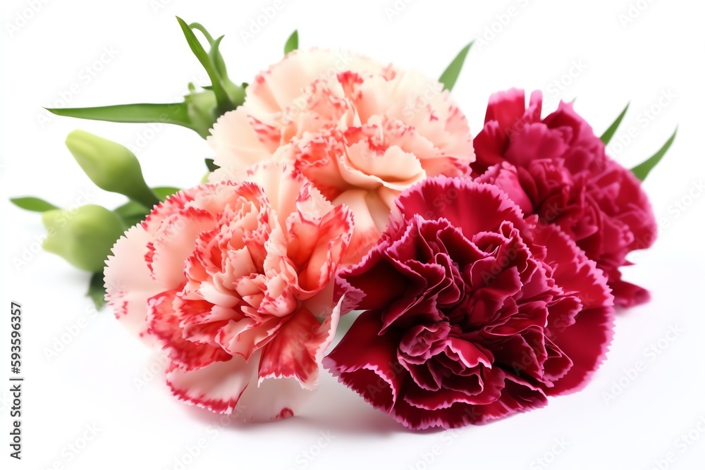 Bouquet of carnation flowers with leaves, isolated on white background. Generative AI Bouquet of carnation flowers with leaves, isolated on white background. Generative AI