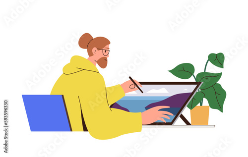 Professional man designer working in graphic editor on computer drawing digital design with stylus