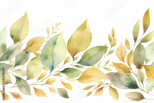 Watercolor seamless border with green and gold leaves. Generative AI