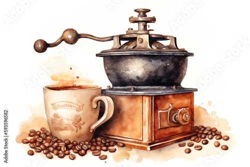 Vintage coffee grinder and beans watercolor illustration. Generative AI