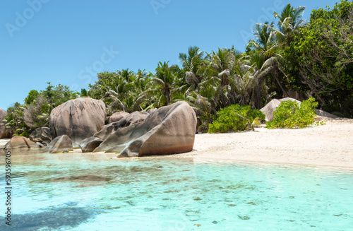 La Digue, Seychelles beach landscape. Anse Source d' Argent.