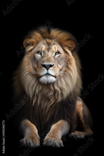 portrait of a resting majestic mal lion looking straight into the camera against a black background  copyspace  generative AI 