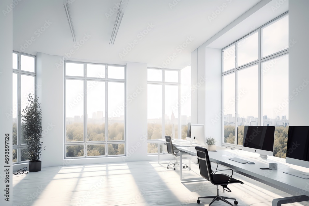 Light office with computer and panoramic window. Generative AI