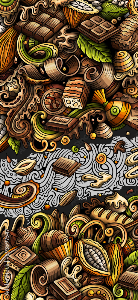 Chocolate doodle banner. Cartoon vector detailed poster