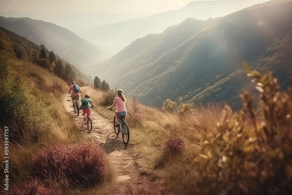 Family riding on bicycles through the mountain in countryside during sunset, woodland, summer activity outdoors together, AI Generative.