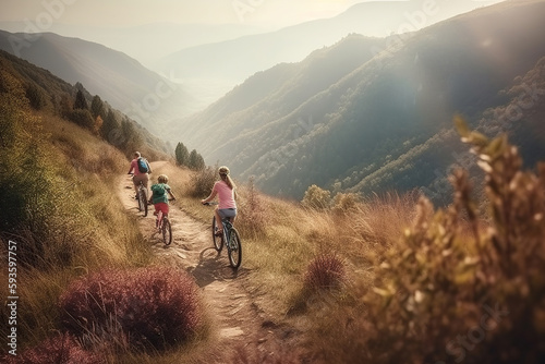 Family riding on bicycles through the mountain in countryside during sunset, woodland, summer activity outdoors together, AI Generative. © Viktoriia