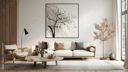 Chic Living Room Interior with Mockup Frame Poster, Modern interior design, 3D render, 3D illustration © Roman P.
