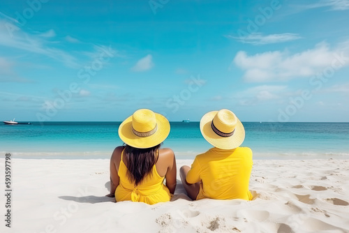 Happy carefree couple relaxing sitting in sand enjoying tropical beach destination. Perfect paradise summer vacation happiness. Back view. Ai generative