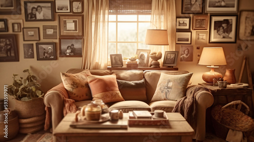Cozy Living Room Interior, Modern interior design, 3D render, 3D illustration