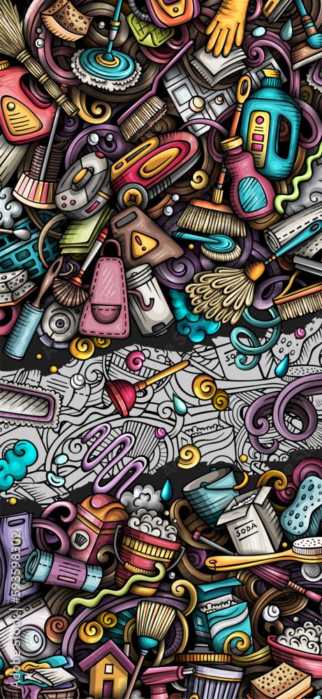 Cleaning doodle banner. Cartoon vector detailed poster