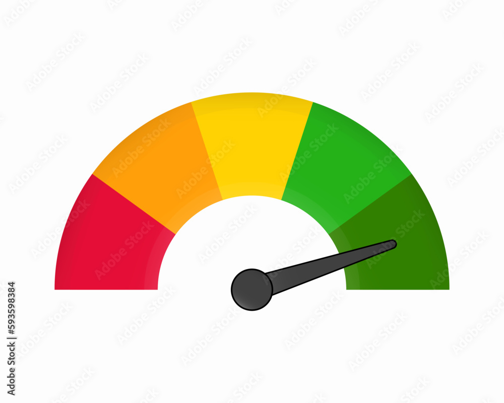 Speedometer icon. 3D meter with arrow for dashboard with green, yellow, red indicators. Gauge of tachometer. Low, medium, high and risk levels. Scale score of speed, performance and rating. Speedometer icon. 3D meter with arrow for dashboard with green, yellow, red indicators. Gauge of tachometer. Low, medium, high and risk levels. Scale score of speed, performance and rating.