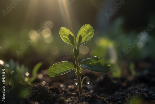 Young plant with water droplet growing in sunlight. Generative AI