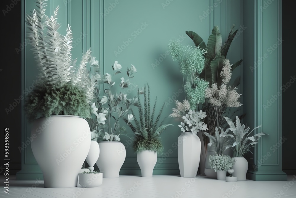 Decorative flowers and plants for interior in 3D illustration. Generative AI Decorative flowers and plants for interior in 3D illustration. Generative AI