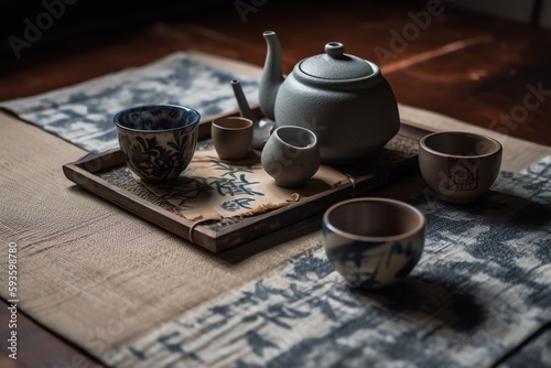 Japanese tea set on mat. Generative AI