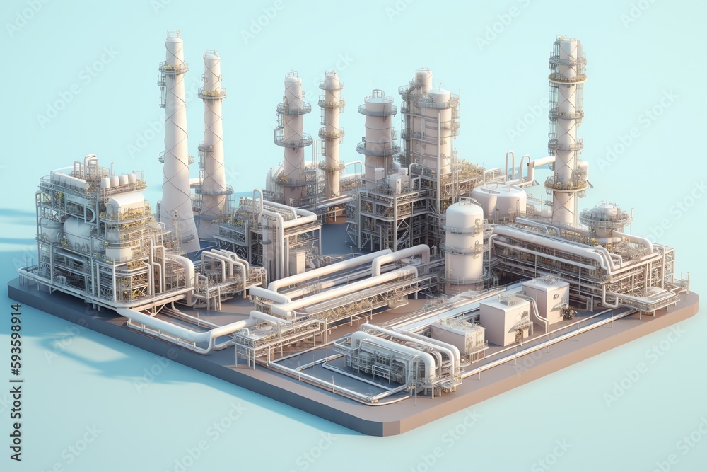 3D oil industry concept with onshore/offshore work, refinery plants, and gas station. Generative AI