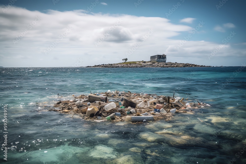 Island of garbage in ocean. Generative AI