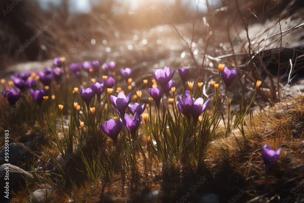 Fototapeta premium Spring crocus and wildflowers purple blossoms in sunlight. Generative AI