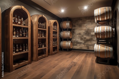 Wine storage with oak barrels for vintage wine, whiskey, and rum. Generative AI