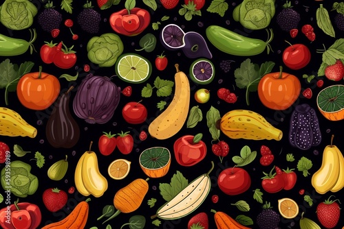 Seamless fruit and vegetable texture on black background. Generative AI
