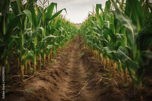 Organic maize farm or corn field plantation. Generative AI