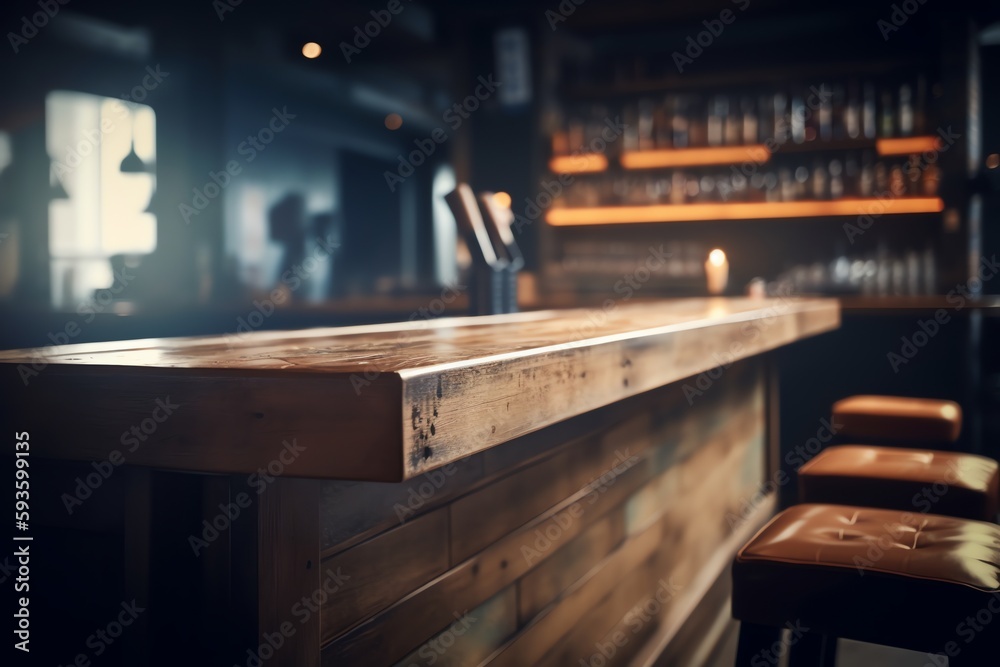 Bar with retro wood desk and blurred background. Generative AI Bar with retro wood desk and blurred background. Generative AI