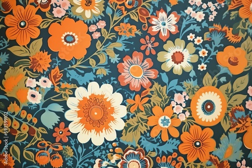 Vintage colorful wallpaper with floral motif. Generative AI