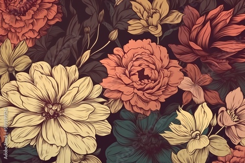 Vintage floral background with beautiful flowers. Generative AI