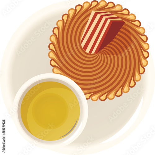 Zebra pie icon isometric vector. Homemade striped chocolate pie and green tea. Dessert, marble cake, food concept
