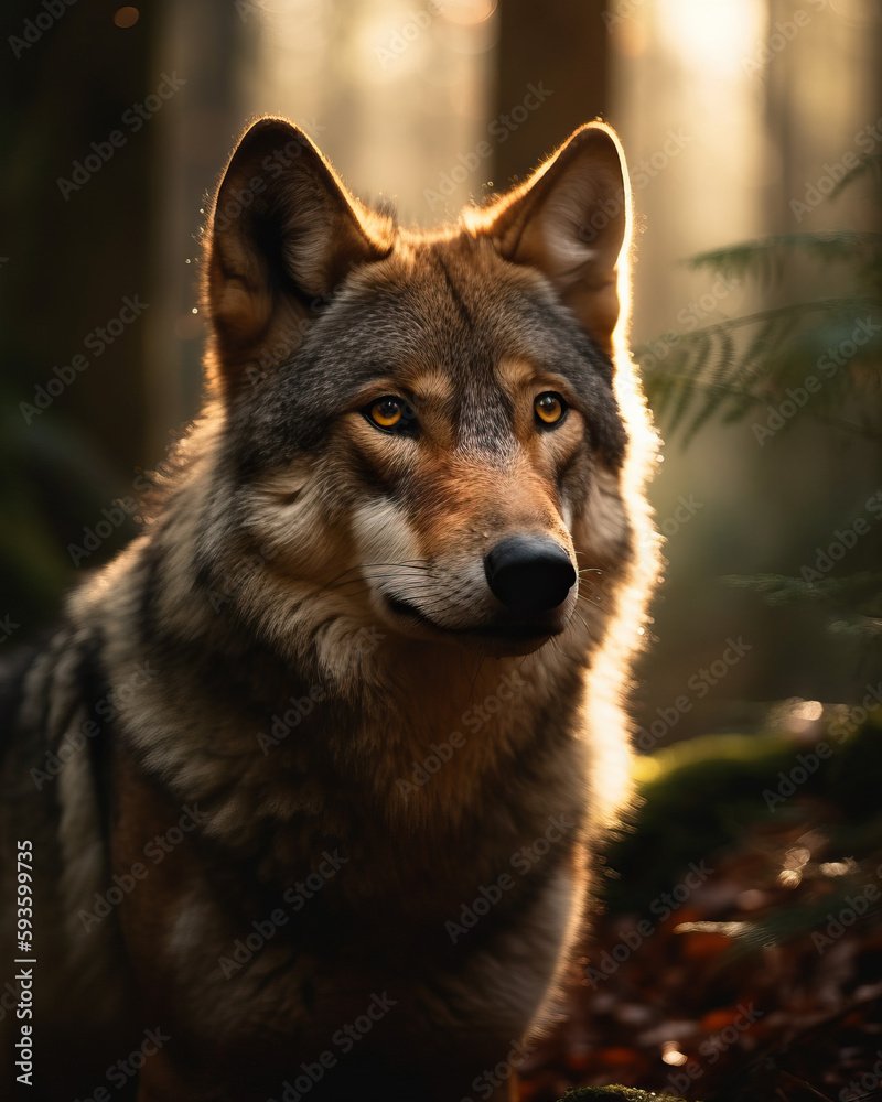 Fototapeta premium Ein Wolf im dichten Wald im Schwarzwald - generative ai