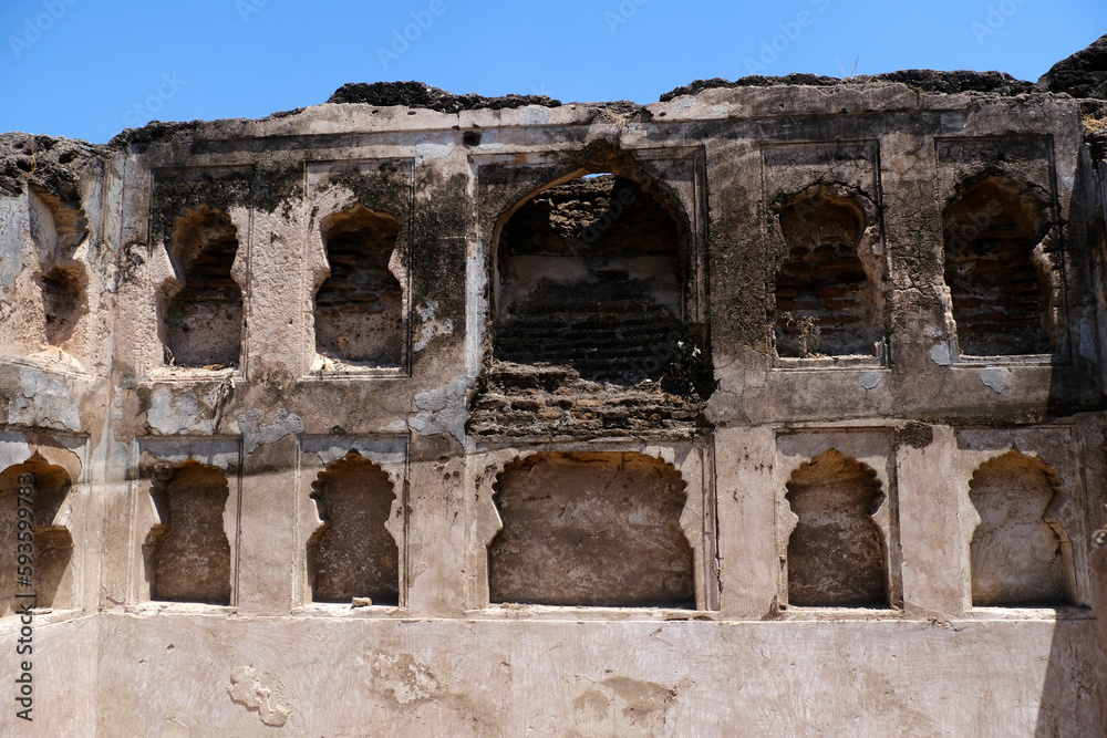 2 April 2023, Pedgaon, Maharashtra, India, Bahadur Fort, There is a 2 storied palace of Aurangzeb inside the fort. This Fort renamed as Dharmaveergad in memory of Shri Chhatrapati Sambhaji Raje. 2 April 2023, Pedgaon, Maharashtra, India, Bahadur Fort, There is a 2 storied palace of Aurangzeb inside the fort. This Fort renamed as Dharmaveergad in memory of Shri Chhatrapati Sambhaji Raje.