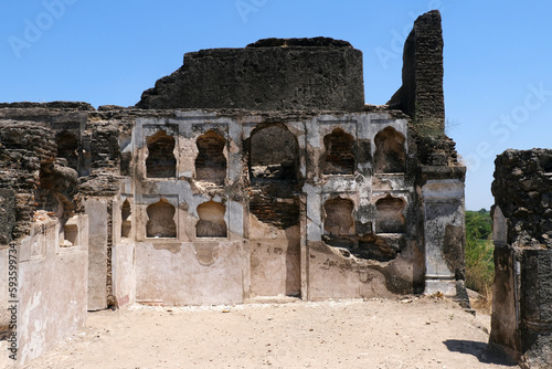2 April 2023, Pedgaon, Maharashtra, India, Bahadur Fort, There is a 2 storied palace of Aurangzeb inside the fort. This Fort renamed as Dharmaveergad in memory of Shri Chhatrapati Sambhaji Raje.