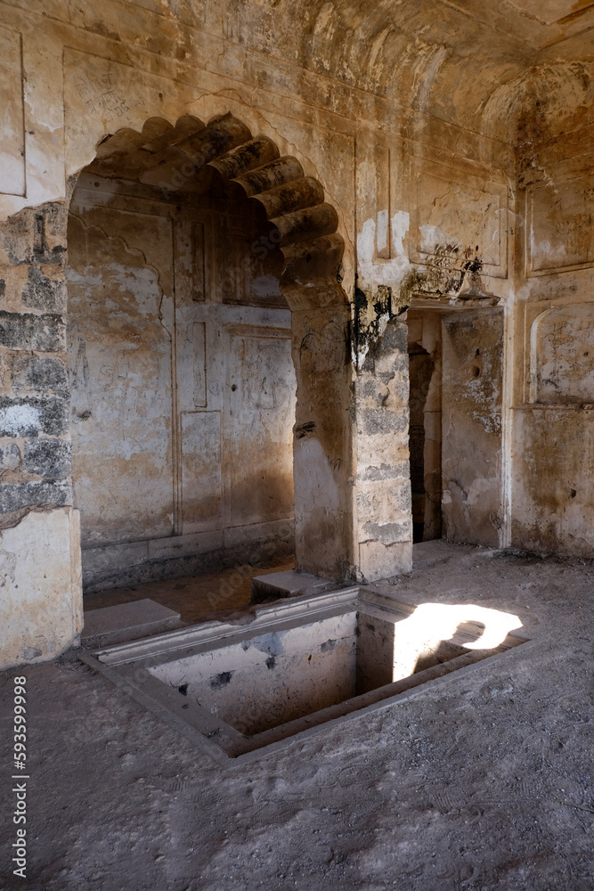 2 April 2023, Pedgaon, Maharashtra, India, Bahadur Fort, There is a 2 storied palace of Aurangzeb inside the fort. This Fort renamed as Dharmaveergad in memory of Shri Chhatrapati Sambhaji Raje. 2 April 2023, Pedgaon, Maharashtra, India, Bahadur Fort, There is a 2 storied palace of Aurangzeb inside the fort. This Fort renamed as Dharmaveergad in memory of Shri Chhatrapati Sambhaji Raje.