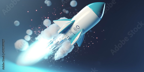 Symbolic 3D Rendering of White Rocket Model against Blue Background for Startup Concepts