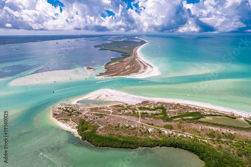 Florida. Panorama of Island. Honeymoon Island and Caladesi Island State park FL. Dunedin and Clearwater Beach Florida. Tropical scenic aerial view. Gulf of Mexico. Summer vacation. Beach and salt life photo
