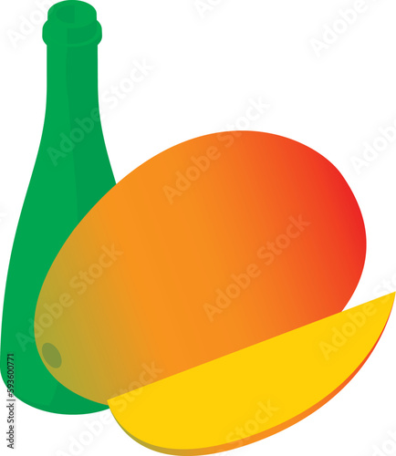 Mango drink icon isometric vector. Ripe fresh mango and open glass bottle icon. Food and beverage concept