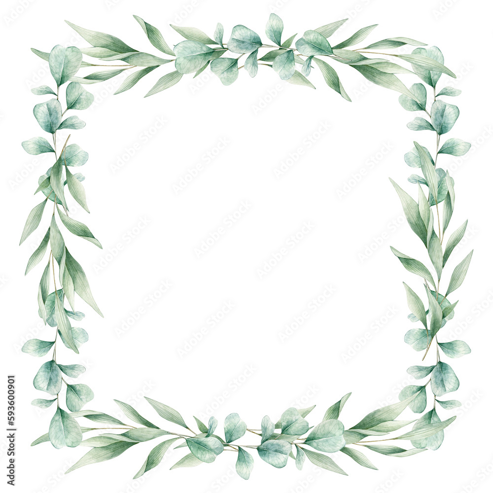 Watercolor illustration card with eucalyptus branches, square frame. Isolated on white background. Hand drawn clipart. Perfect for card, postcard, tags, invitation, printing, wrapping. Watercolor illustration card with eucalyptus branches, square frame. Isolated on white background. Hand drawn clipart. Perfect for card, postcard, tags, invitation, printing, wrapping.