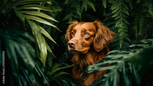 portrait of cute red dog among tropical green plants generative AI © Lena_viridis