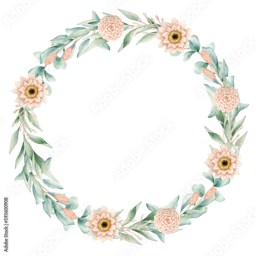 Watercolor illustration card with eucalyptus, pink flowers wreath. Isolated on white background. Hand drawn clipart. Perfect for card, postcard, tags, invitation, printing, wrapping. © Karina Martirosova