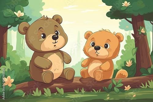 Two Bear Babies Sitting Together In A Green Garden Generative Ai Digital Illustration Part#170423