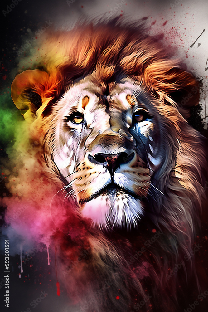 Vibrant Watercolor Portrait of a Majestic Lion