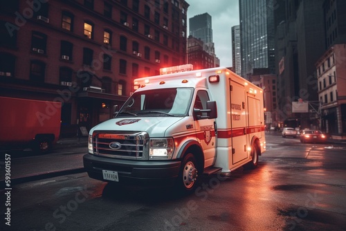Ambulance rescue van in New York on road street. Ambulance Vehicle truck. American Response Vehicles. EMS Ambulance Driver US. Medical truck with red emergency lights. Ai Generative. Generative AI photo