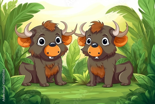 Two Buffalo Babies Sitting Together In A Green Garden Generative Ai Digital Illustration Part#170423