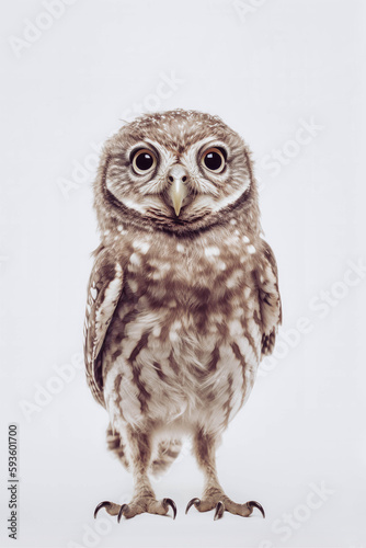 cute little owl (Athene noctua) standing tall looking straight into the camera, isolated over a light grey background, generative AI