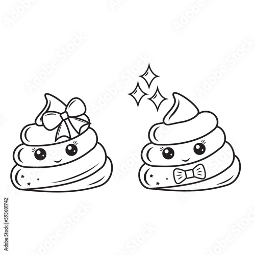 Cute character Poop kawaii, black outline, vector isolated illustration in doodle style