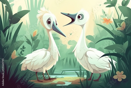 Two Crane Babies Sitting Together In A Green Garden Generative Ai Digital Illustration Part 170423 © Cool Patterns