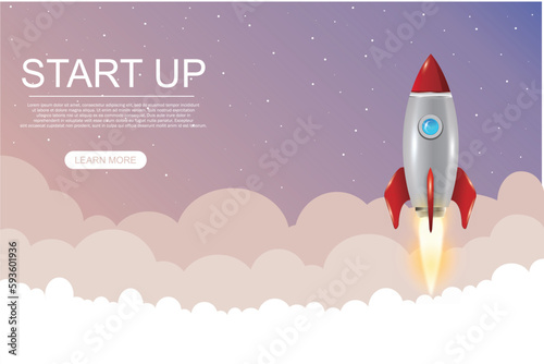 Fototapeta Naklejka Na Ścianę i Meble -  Start up landing page screen idea, development technology, rocket banner. Vector illustration.