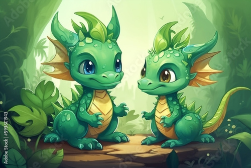 Two Dragon Babies Sitting Together In A Green Garden Generative Ai Digital Illustration Part 170423